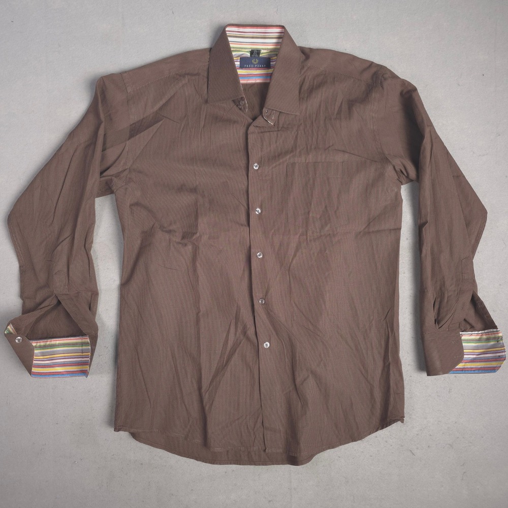 Fred Perry Brown Long Sleeve Button Up Shirt Size 17.5 Menswear Colorful